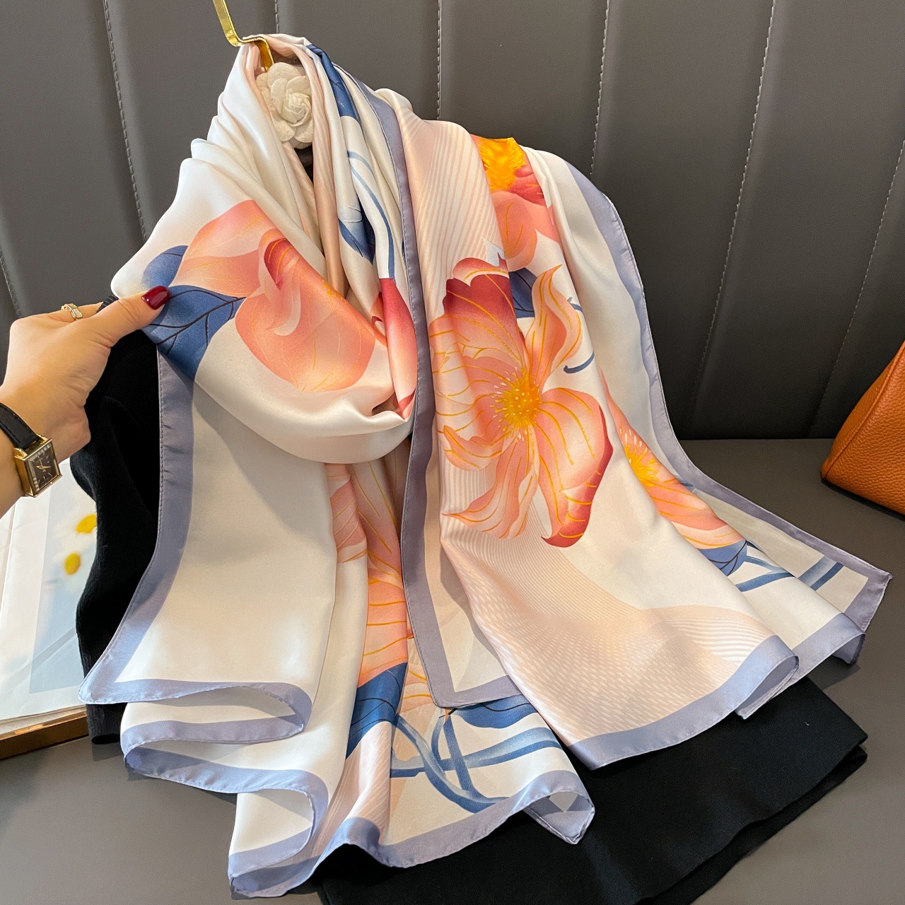 Long Silk Scarf Imitation Silk Autumn and Winter Women's New Fashionable Western Style High-end All-match Spring and Summer Dual-use Sunscreen Shawl Women