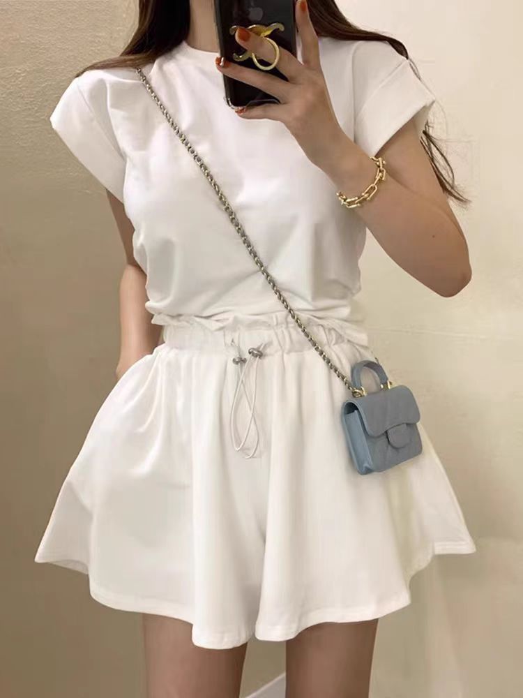 Korean Chic Summer Niche Style Back Slit Strap Short-Sleeved T-Shirt Top + Drawstring Wide-Leg Shorts Two-Piece Set