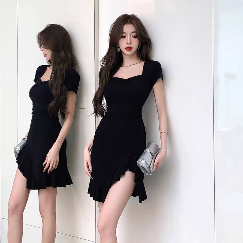 Sexy hip hot girl fishtail skirt irregular ruffled temperament waist split square collar pure wind dress summer