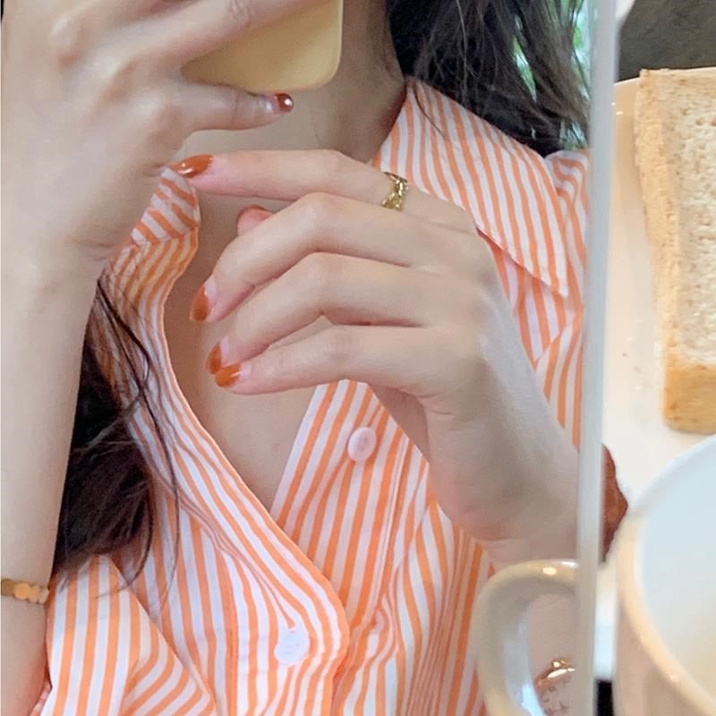French lazy wind orange striped shirt female summer design niche top vintage port shirt sunscreen shirt