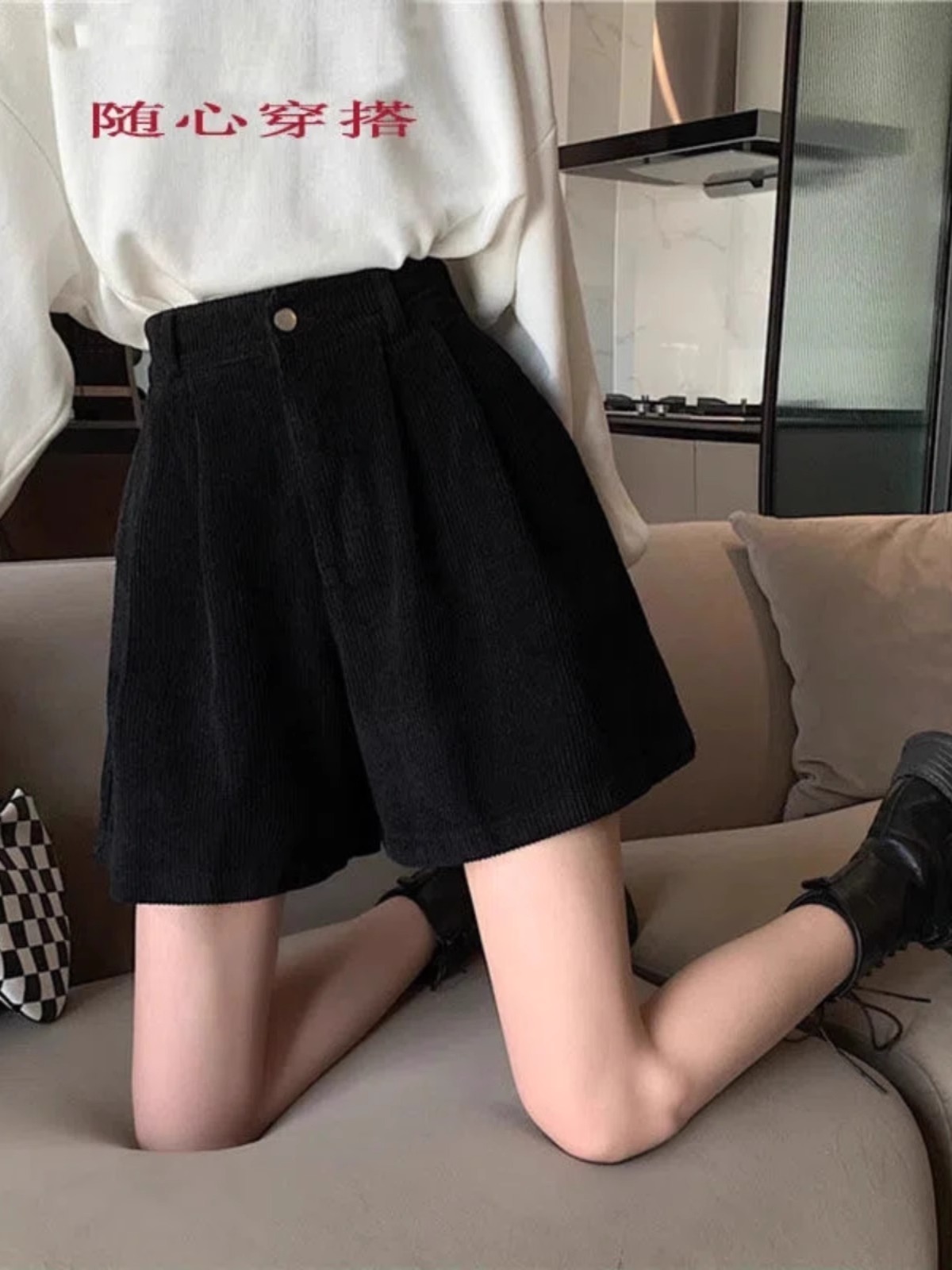 Picture of Corduroy Shorts Women's 2023 Autumn and Winter New Wide Leg Pants High Waist Slimming Small Retro Casual A- Shaped Pants