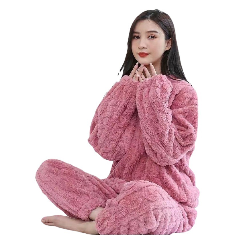 Coral Velvet Jacquard Pajamas Women's Autumn and Winter New Velvet Thickeneded Super Thick Velvet Winter Home Wear Two-Piece Set