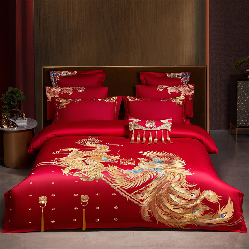 Picture of High-End 120S Pure Cotton Long-Staple Cotton Wedding Four-Piece Set New Chinese Style Dragon and Phoenix Embroidery Wedding Red Bedding
