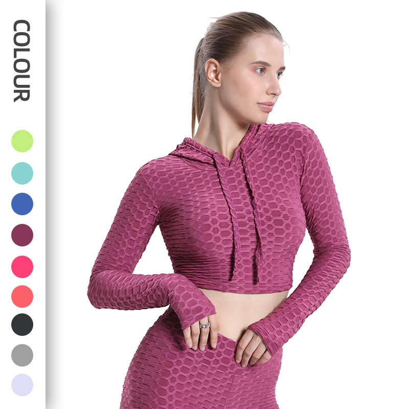 European and American Women's Yoga Clothes Jacquard Bubble Waistless Hooded Long-Sleeved T-Shirt Fitness Clothes Sports Yoga Tops Tight