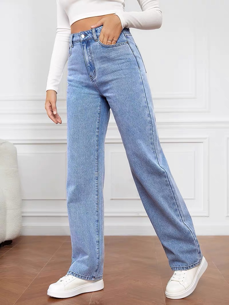 Foreign trade women's cross-border Amazon wish Europe and the United States 2024 spring and autumn new high waist loose straight tube Denim trousers