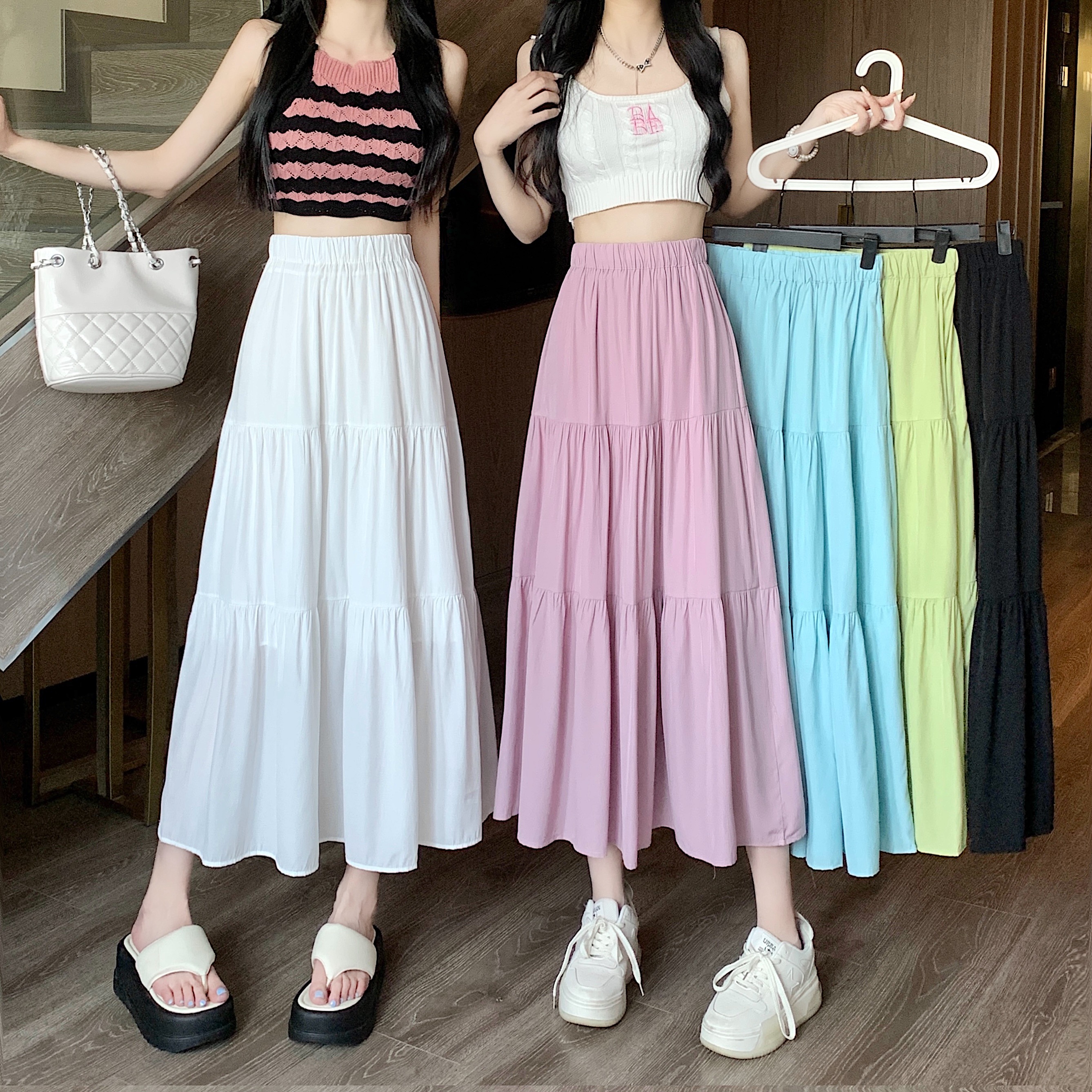 White High Waist Cake Skirt Women's Summer Thin plus size Slimming chubby girl Mid-length Pear-shaped A- line Skirt