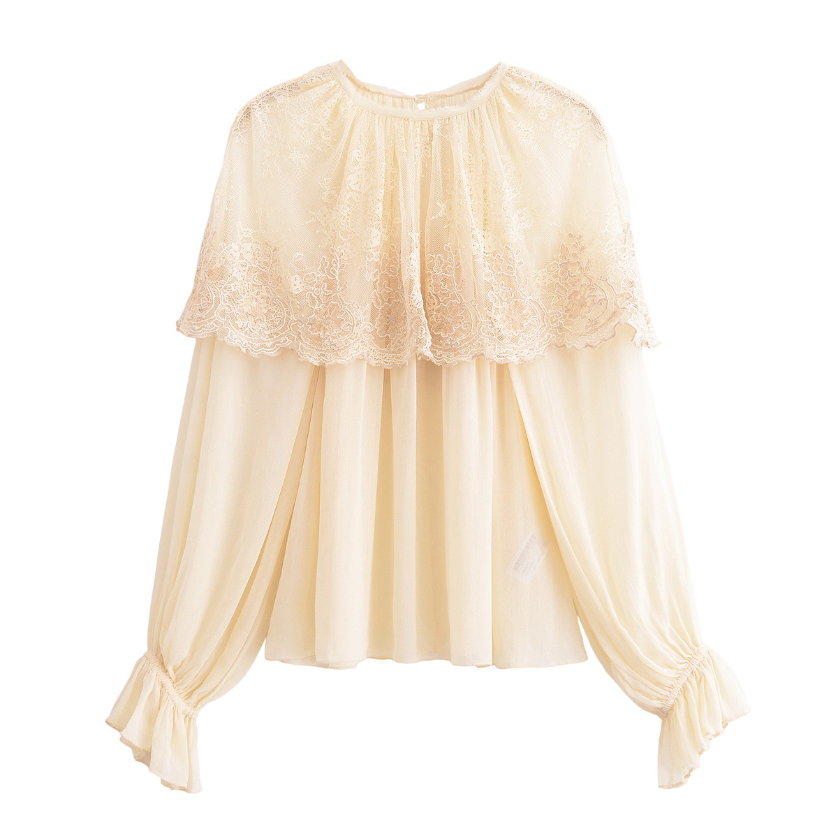 2025 European and American Spring and Summer Beige New Round Neck Sweet Style Women's Lace Cloak Decorative Romantic Style Shirt