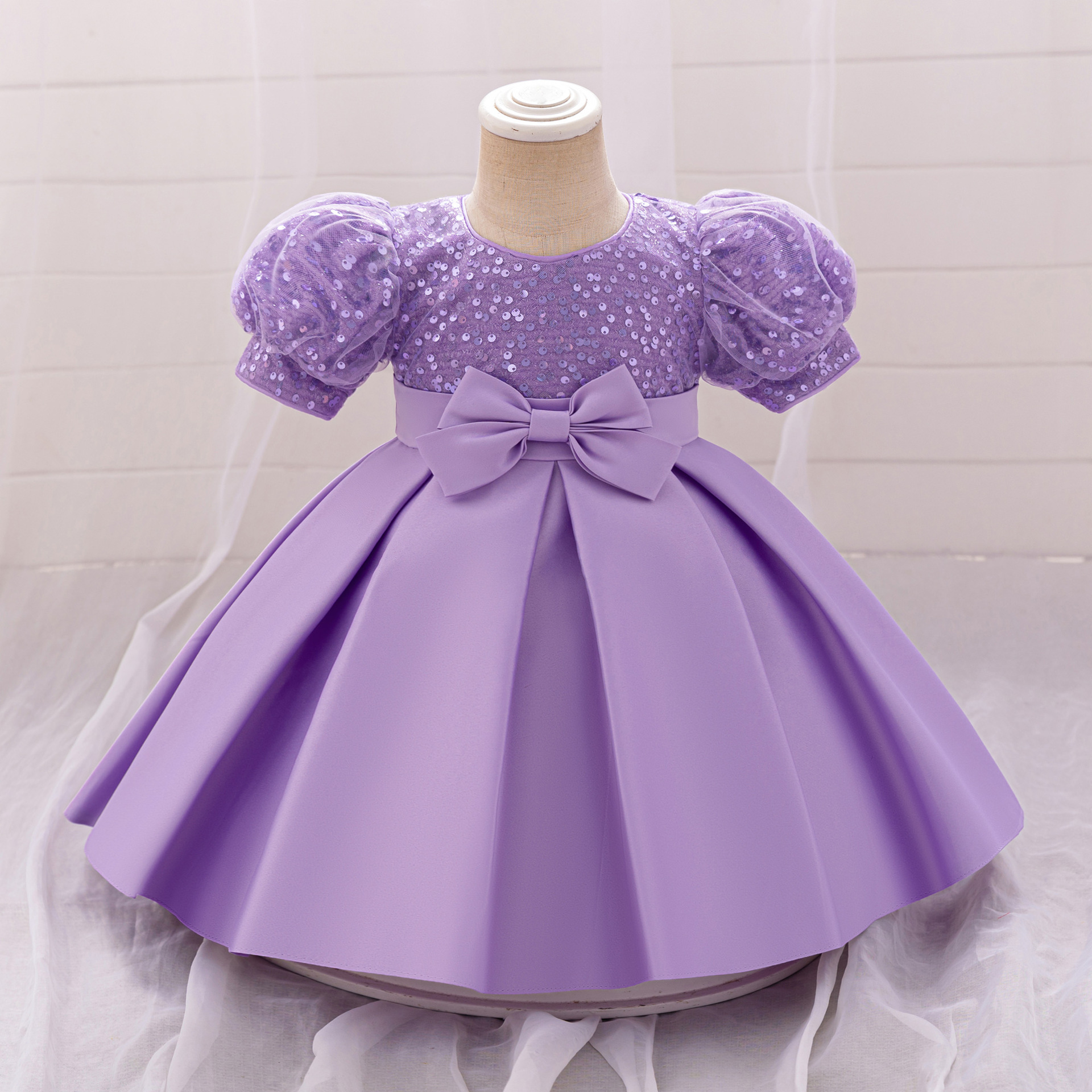 European and American New Girls' Dress One-year-old Dress Bow Princess Dress Wedding Dress Bubble Sleeve Sequin Tutu Dress