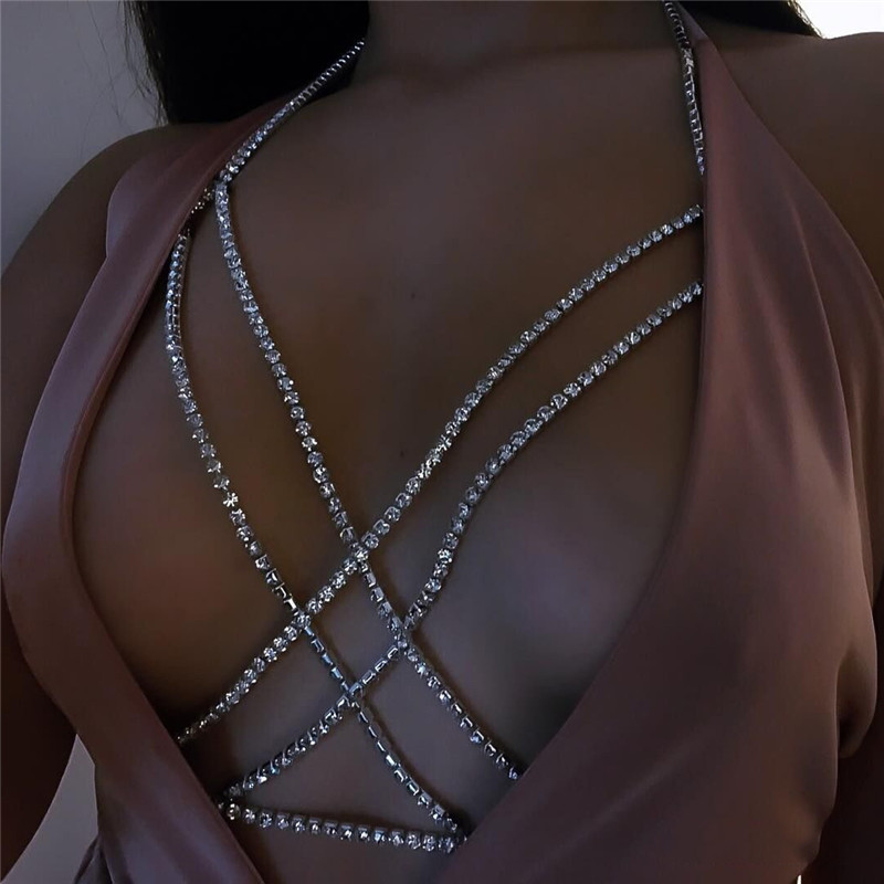 European and American Popular Women's Clothing Accessories Fashion Necklace Multi-Layer Cross Body Chain Nightclub Super Shiny Rhinestone Chest Chain