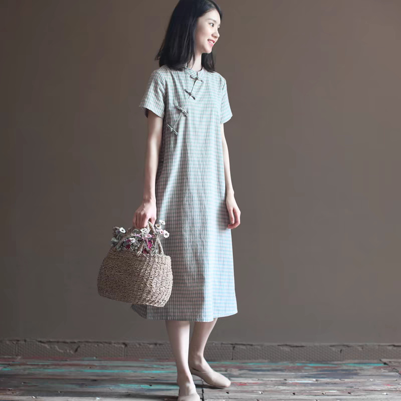 2024 Summer New Retro Chinese Modified Cheongsam Artistic Loose Mori Plaid Mid-length Character Dress for Women