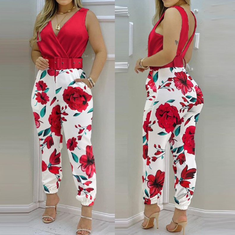 Picture of Spring and summer 2022 new independent station Europe and the United States cross-border V-neck backless printed high waist jumpsuit women (including Belt)