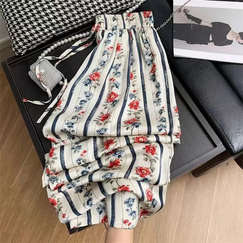 Vintage Chinese Style Ice Silk Printed Wag Wide Leg Pants Women's Summer High Waist Lazy Holiday Style Straight Casual Pants