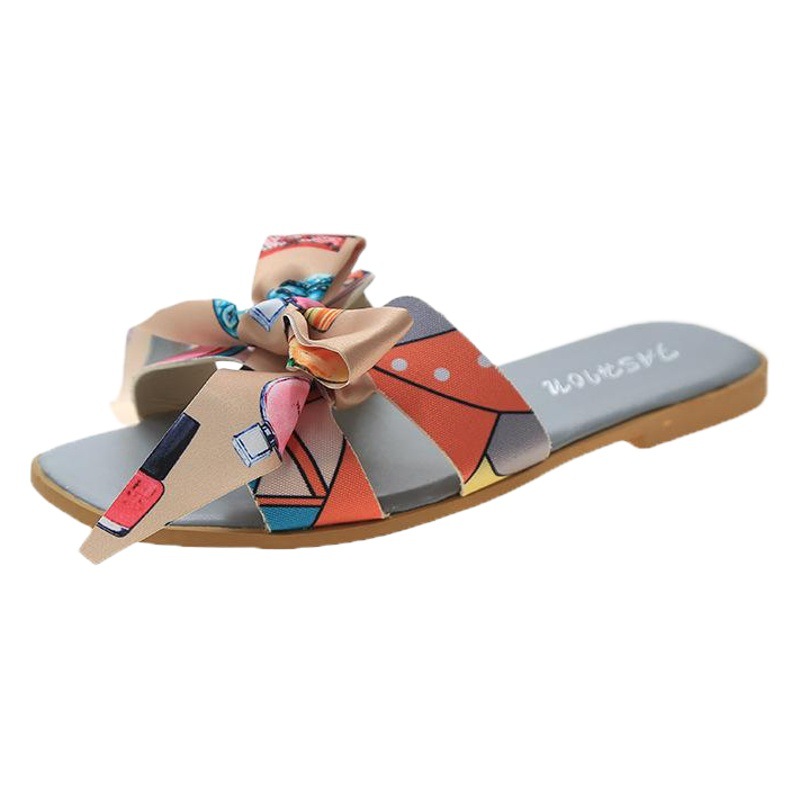 Colorful Ribbon Bow Flat Heel Flat Slippers Women's 2025 Summer New Style Easiest for Match Floral Flop
