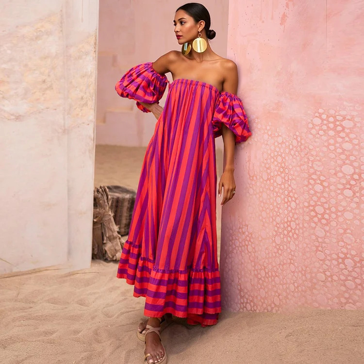 2025 Explosions Puff Sleeve Oversized Skirt Orange Stripe Beach Holiday dress Women's Cross-border New 25290