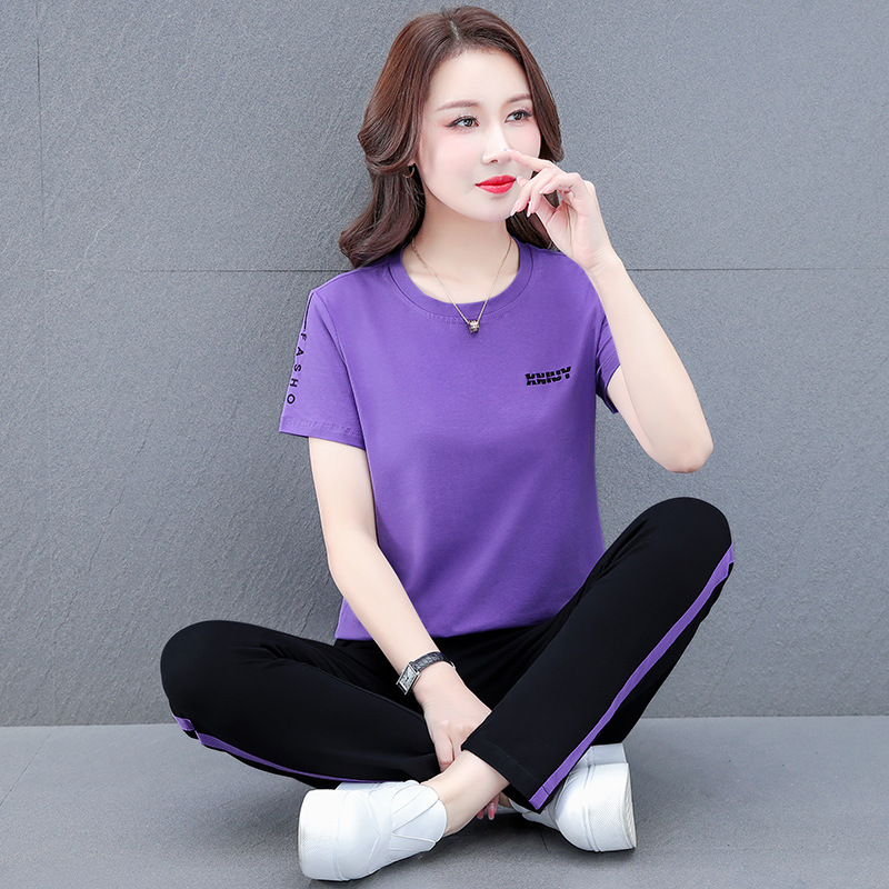 Picture of Pure Cotton Stretch Middle-aged Mother's Casual Sports Suit Women's Summer Short-sleeved Trousers All-match Square Dance Two-piece Set