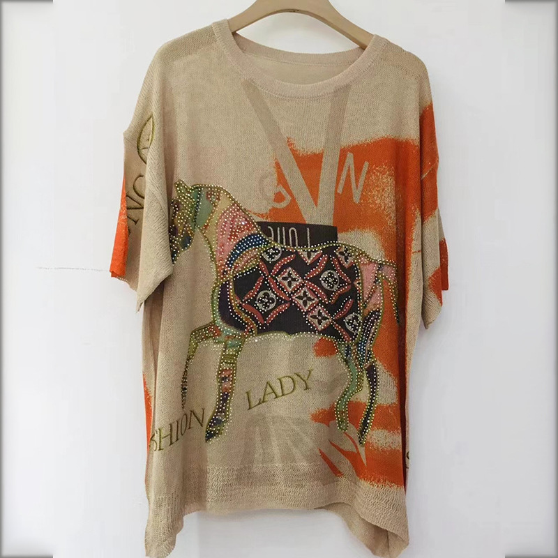 Picture of European 2024 Summer New plus size T-shirt Women's Belly Covering Loose Ethnic Style Simple Commuting Ins Short Sleeve Top