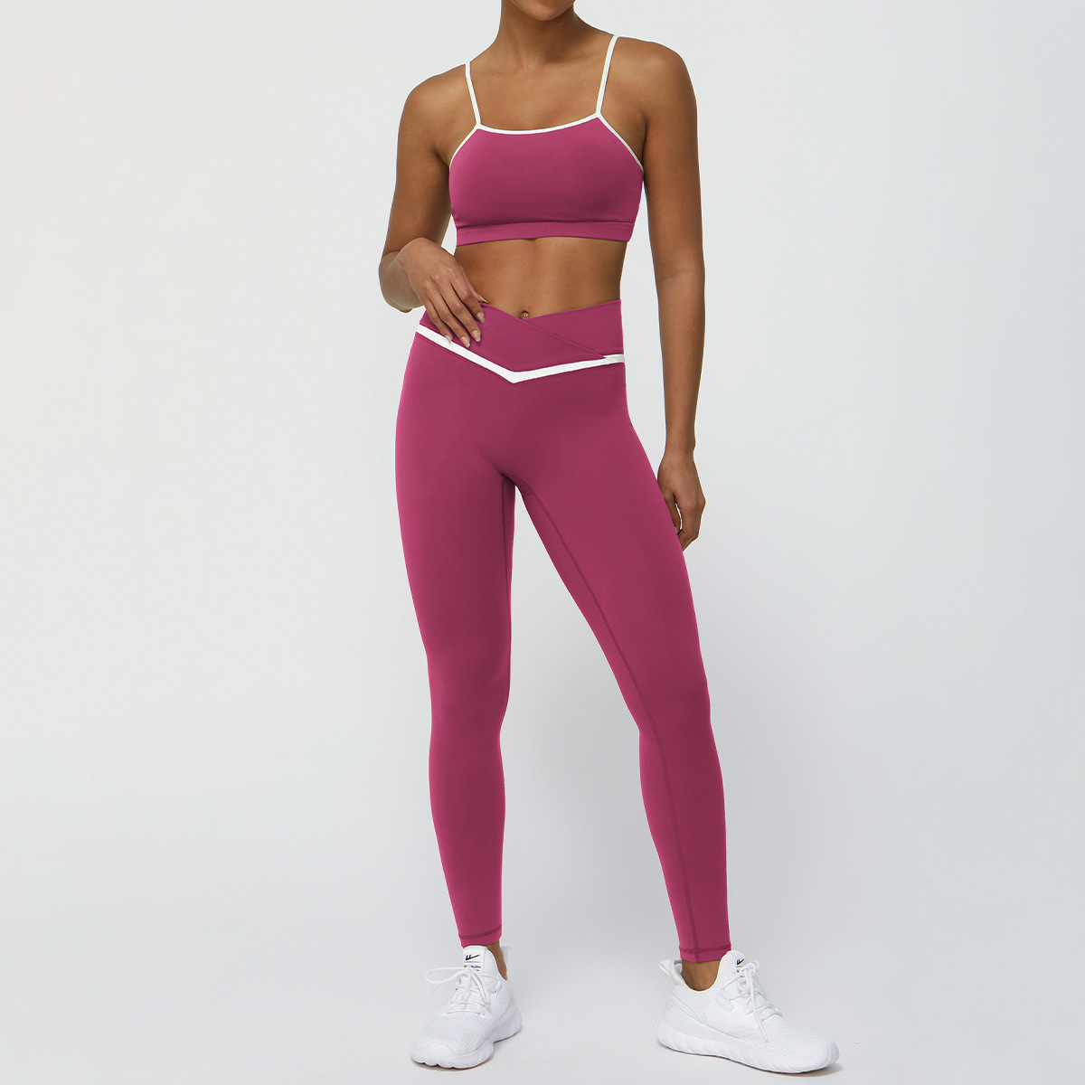 Picture of Cross-border New Contrast Color Yoga Clothing suit Naked Hip Lifter Sports Leisure Fitness Clothing suit Cross Waist Yoga Pants