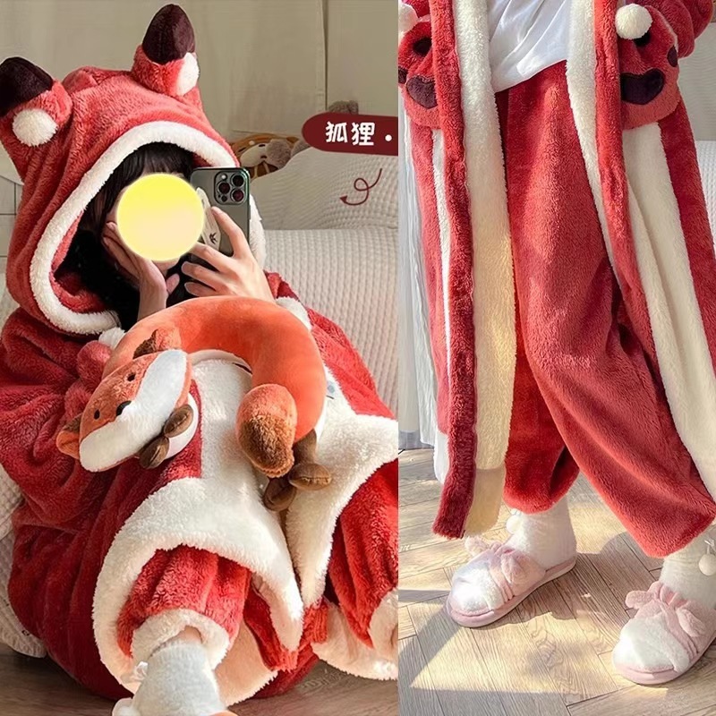 Autumn and Winter Pajamas Women's fleece-lined Thickened Nightgown Cartoon Cute Couple Fox Nightgown Coral Fleece Hooded Home Clothes