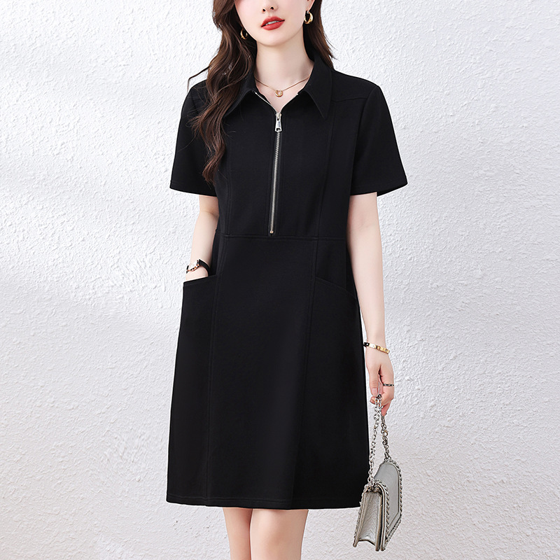 Picture of Simple Casual Lapel Black dress 2025 Summer New Style Zipper Fashionable Elegant Slim plus size A- line Skirt