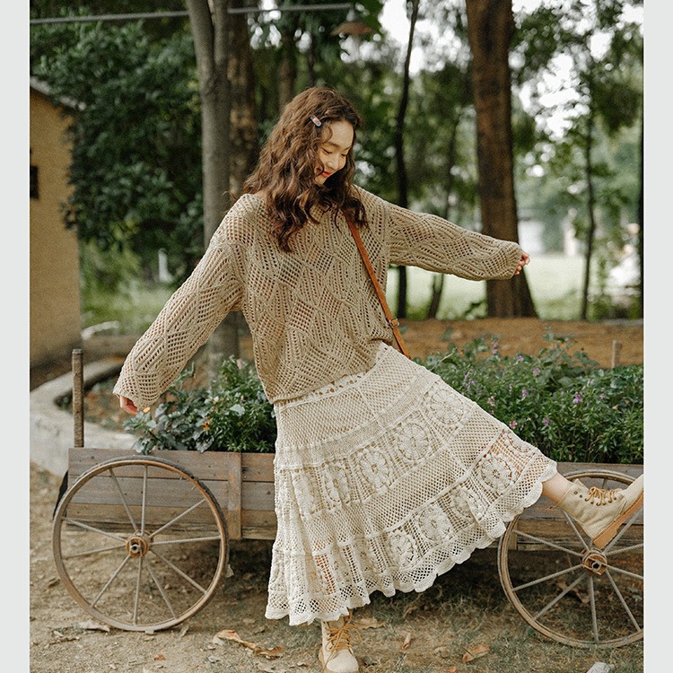 Beach Holiday Style Palace Crochet Hollow Lace Skirt Elegant Korean Style Retro Mid-Length Hip A- Line Skirt