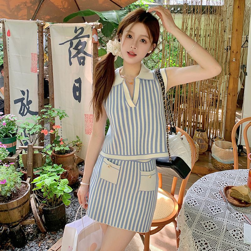 Haiyan Mint Blue and White Striped Knitted Suit Women's Polo Collar Sleeveless Vest Hip Skirt Two-Piece Set