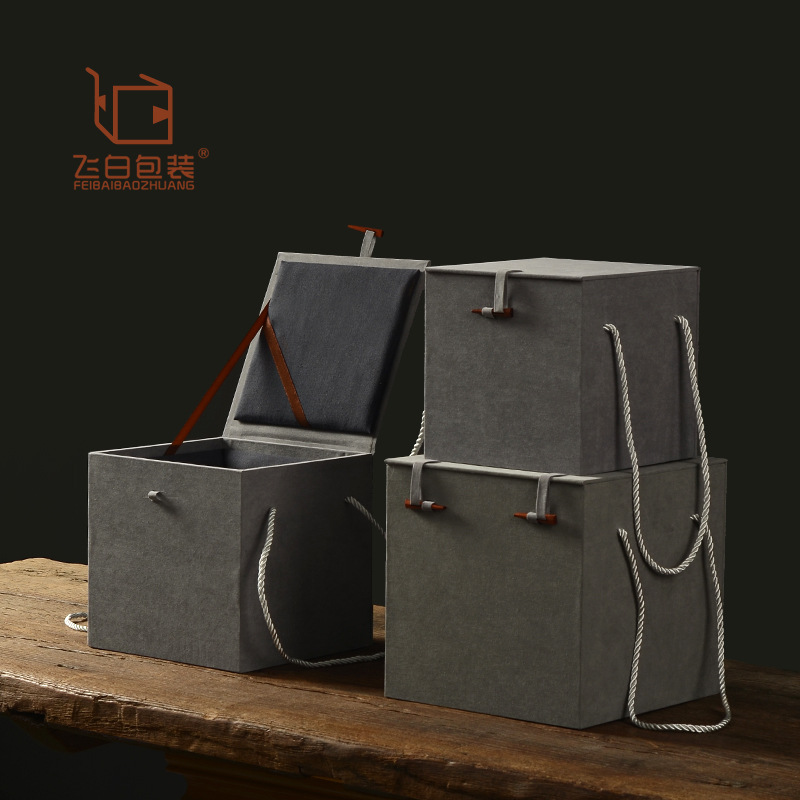 Grey flannel wooden buckle lifting beam brocade box purple sand pot wine bottle porcelain packaging box tea jar square gift box