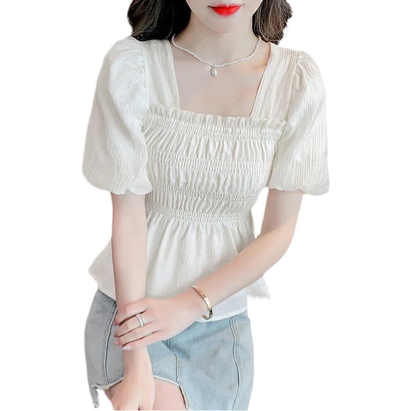 French Square Collar Short-Sleeved Chiffon Shirt Women's Summer New Design Niche Short Top to Cover the Belly