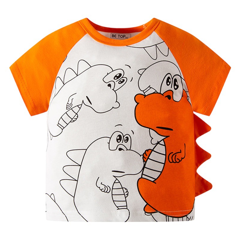 Korean New Children's Short Sleeve Cartoon Color Matching Sleeve Boys T-shirt Horn Sleeve Cotton Baby Cartoon Children's Wear Batch