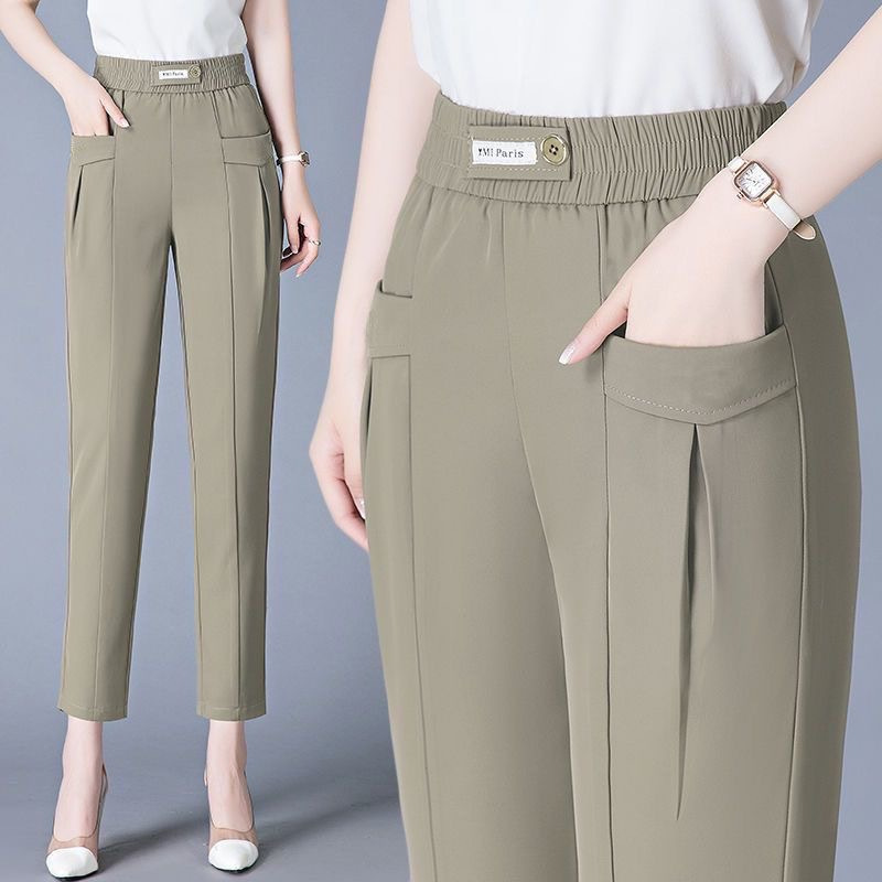 Summer new ice silk harem pants women's high waist loose slimming thin casual fashion cropped mom pants