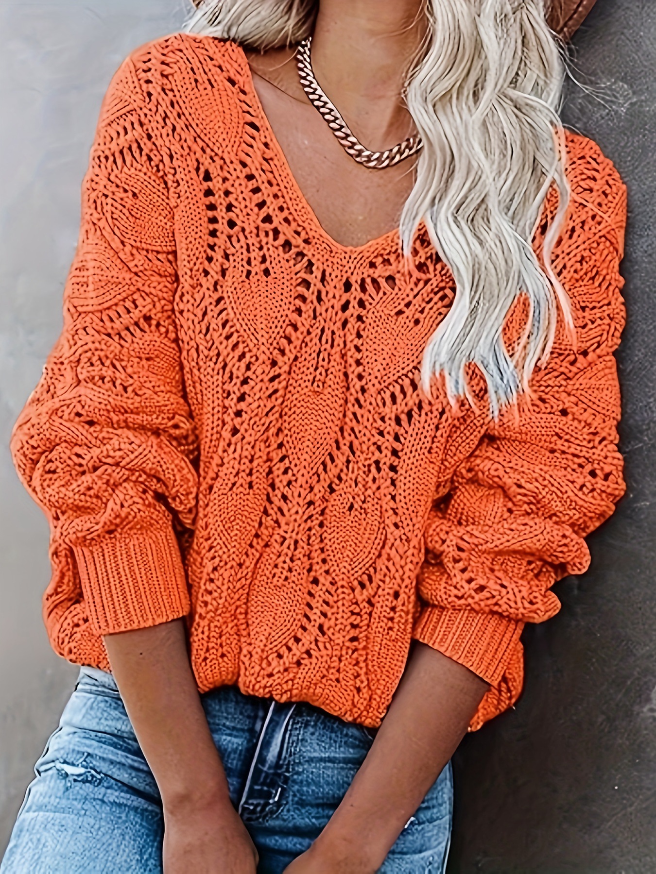 Picture of Cross-border European and American Amazon Sweater Autumn and Winter Casual Hollow V-neck Long-sleeved Loose Knitted Sweater Pullover Sweater for Women