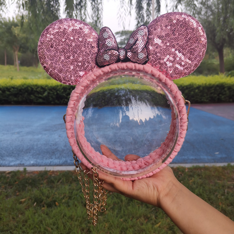 Picture of Handmade woven cloth line bear Mickey bag material bag transparent hemisphere acrylic Pearl handbag satchel