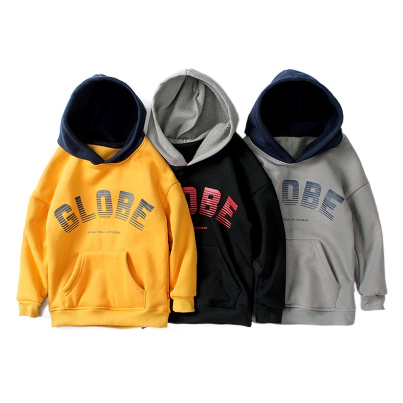 Autumn and Winter Korean-Style Children's Thick Long-Sleeve Sweatshirt, Warm Fleece-Lined Hooded Sweatshirt for Boys
