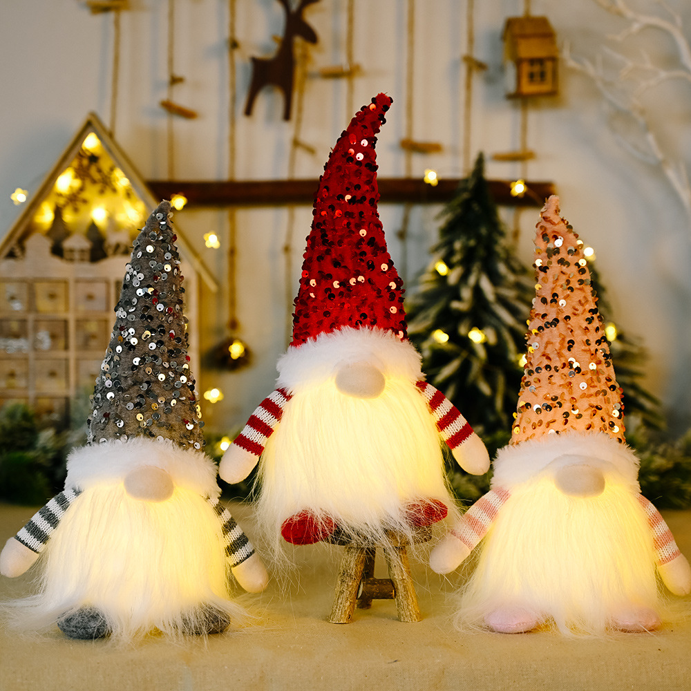 Cross-Border New Product Valentine's Day Decoration Christmas Sequins with Lights Rudolph Doll Christmas Glowing Faceless Doll Ornaments