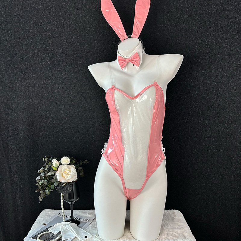 Original open-end Bunny new sexy lingerie two-dimensional COS role play pure desire maid patent leather pink