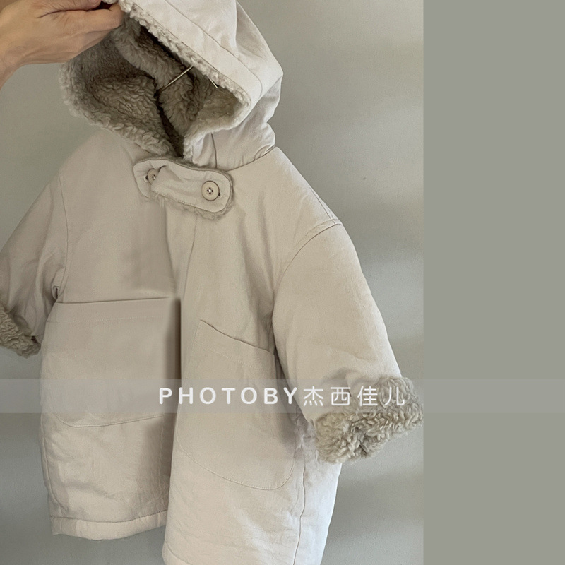 Korean Style New Winter Cotton Clothes for Boys and Girls Children's Thickened Lamb Plush Warm and Comfortable Hooded Cotton-padded Jacket
