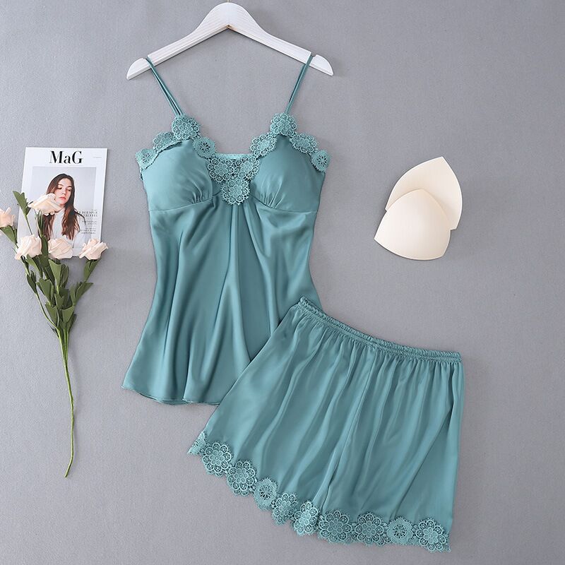 Wholesale New European and American Imitation Silk Black Home Clothes Two-piece Fashionable Comfortable Lace Pajamas Set