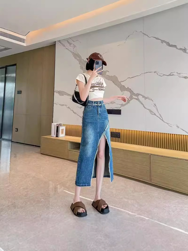 High Waist Split Denim Skirt Summer Thin plus size chubby girl Mid-length Hip Covering Slim A- line Hip Skirt