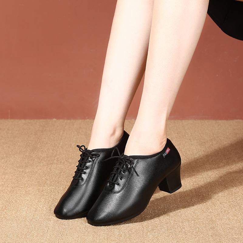 Picture of New Women's Latin Dance Shoes Soft Sole Square Dance Adult Teacher Middle Heel Beef Shoes Ballroom Dance Shoes
