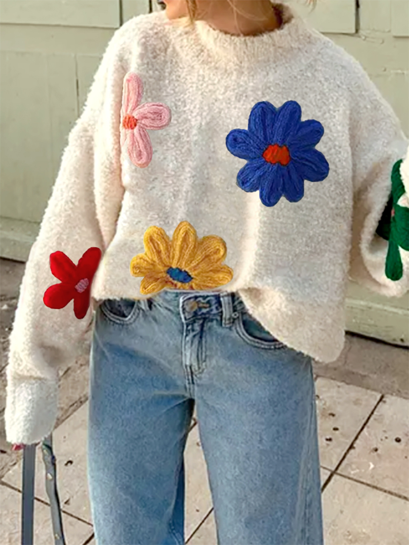 Foreign trade cross-border Europe and the United States Amazon source manufacturers sweater women's round neck large flower thick needle long sleeve pullover autumn and winter