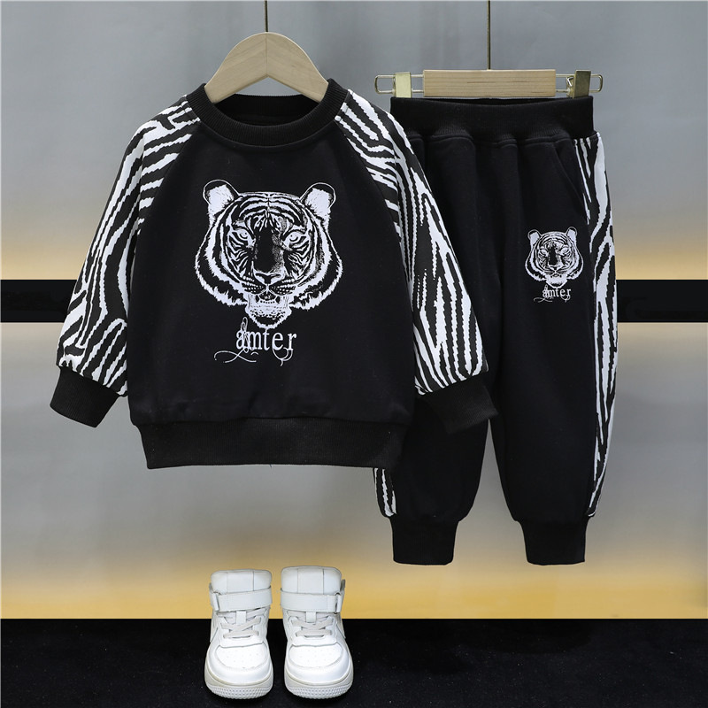 Picture of Boys' winter clothes fleece-lined thickened suit 2023 new children's fashionable stitching round neck sweater sweatpants two-piece set