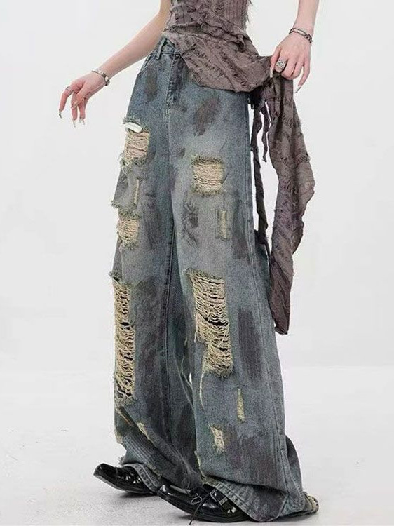 Plus Size Wasteland Style Tie-Dye Ripped Jeans for Women Summer American Retro Washed High-Waisted Slim Wide-Leg Floor-Length Pants