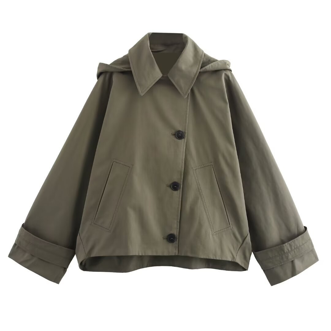 Amazon Wholesale Autumn European and American Clothing Versatile Solid Color Lapel Single-Breasted Long-Sleeved Pocket Hooded Windbreaker Jacket