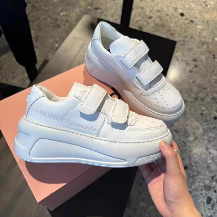 Picture of Guangzhou Ding Version White Shoes for Women with 7cm Height Increase Metal Smiley Toe Layer Cowhide Sneakers Thick Sole Velcro Trbottomy and Cool