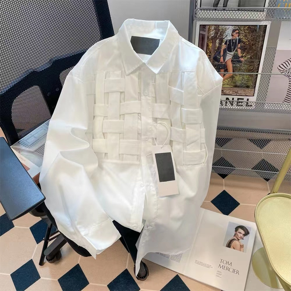 High-End Niche Design White Woven Shirt for Women 2024 Spring & Fall New Japanese Style Retro Right Shoulder Top