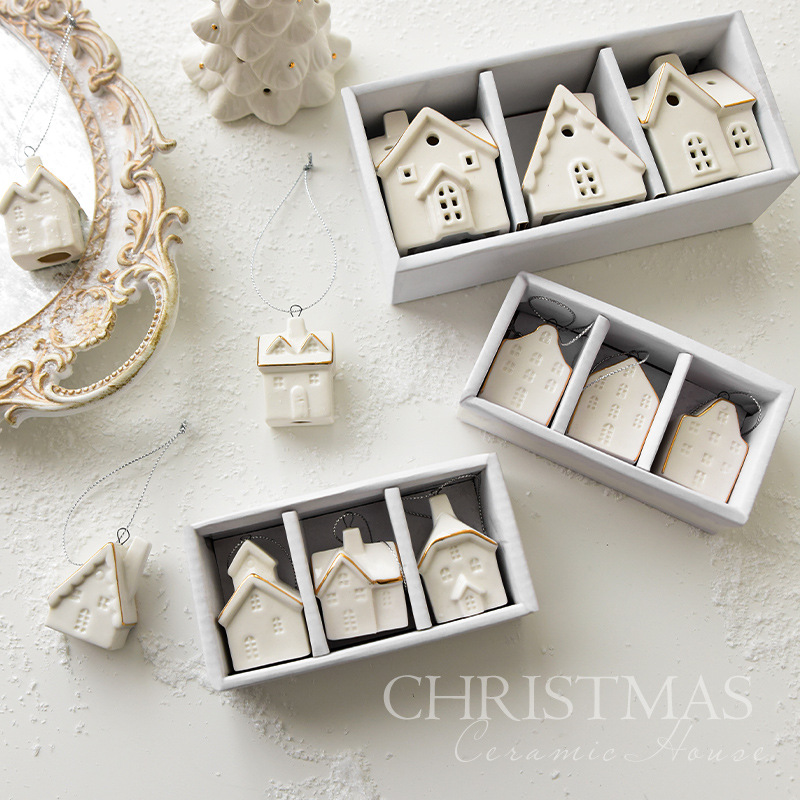 Cross-border Christmas ceramic ornaments small house snow house snow house Christmas tree decoration small pendant (gift box)