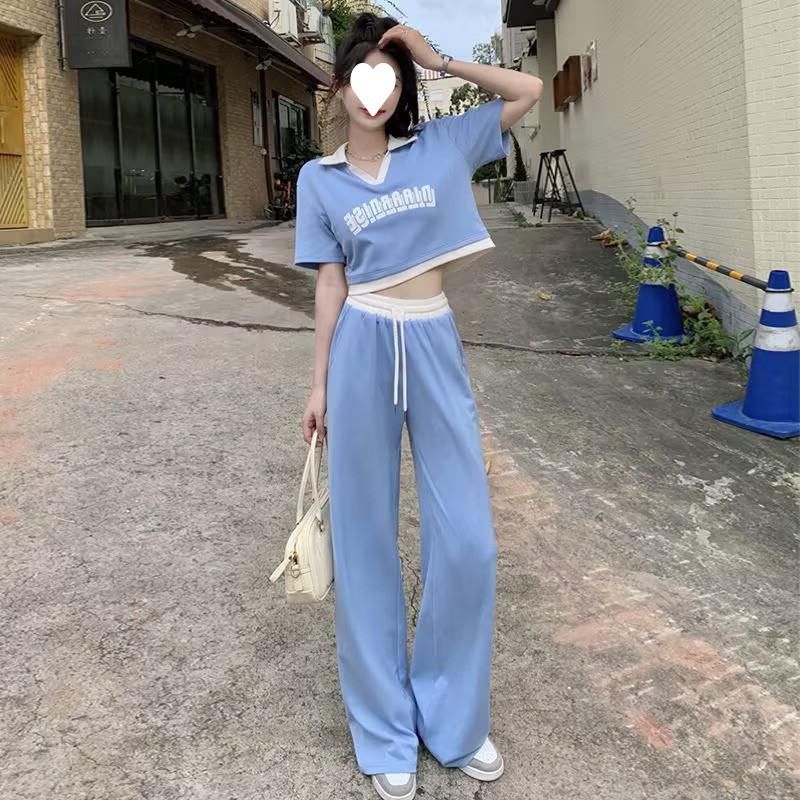 Casual suit summer sweet and spicy collar short-sleeved top draping trousers fashion two-piece set for women