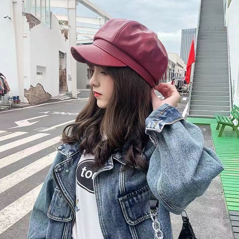 Picture of Korean Leather Beret Women's Autum Korean Style Student Cute Versatile Pu British Style Octagonal Hat Pumpkin Hat
