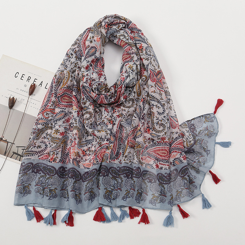 Picture of New Artistic Fresh Cotton and Linen Retro Tassel Scarf Women's Printed Beautiful Silk Scarf Japanese Sunscreen Shawl