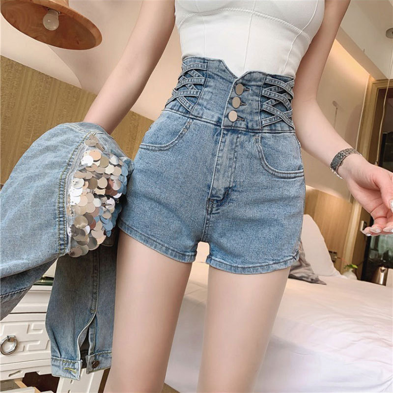 Denim Shorts Women's Abdominal Tinker Super High Waist Straight Slim-fit Elastic Cross-breasted All-match Niche Wide-leg Hot Pants for Summer