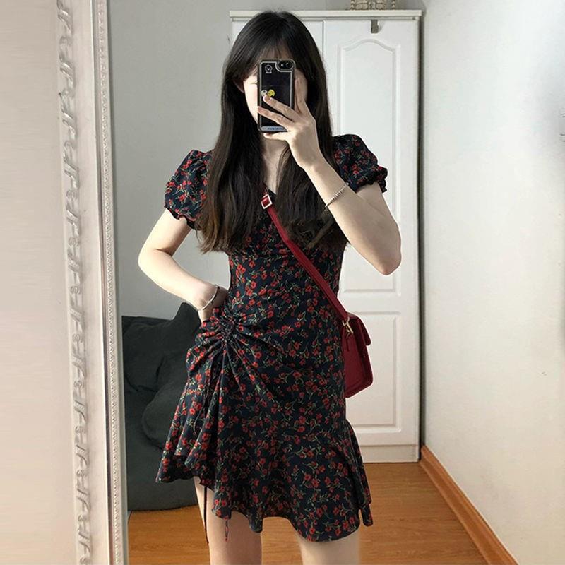 French style elegant retro dress women's summer New puff sleeve drawstring skirt small Rose Black floral skirt